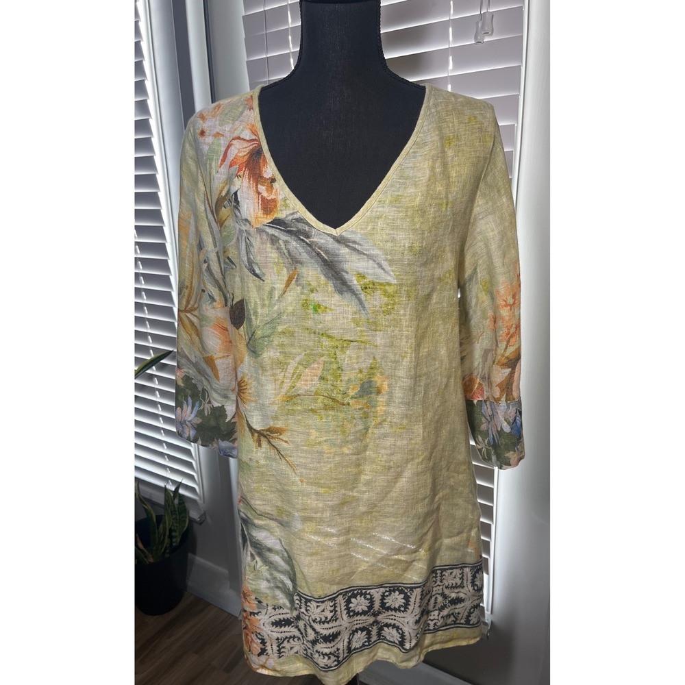 Soft Surroundings‎ Linen Tunic Top Medium Yellow Floral Boho Artsy Lagenlook